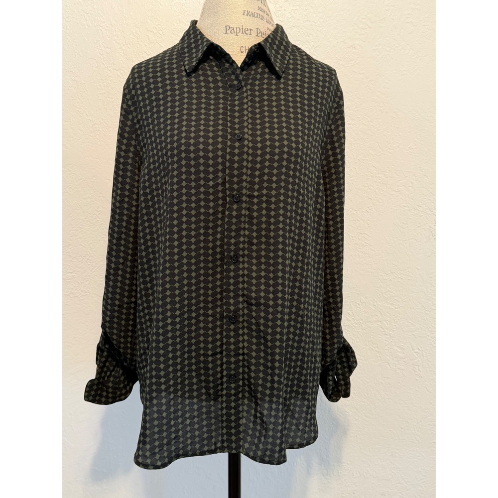 Zac & Rachel Olive Green Black Geometric Diamond Print Roll Tab Blouse XL